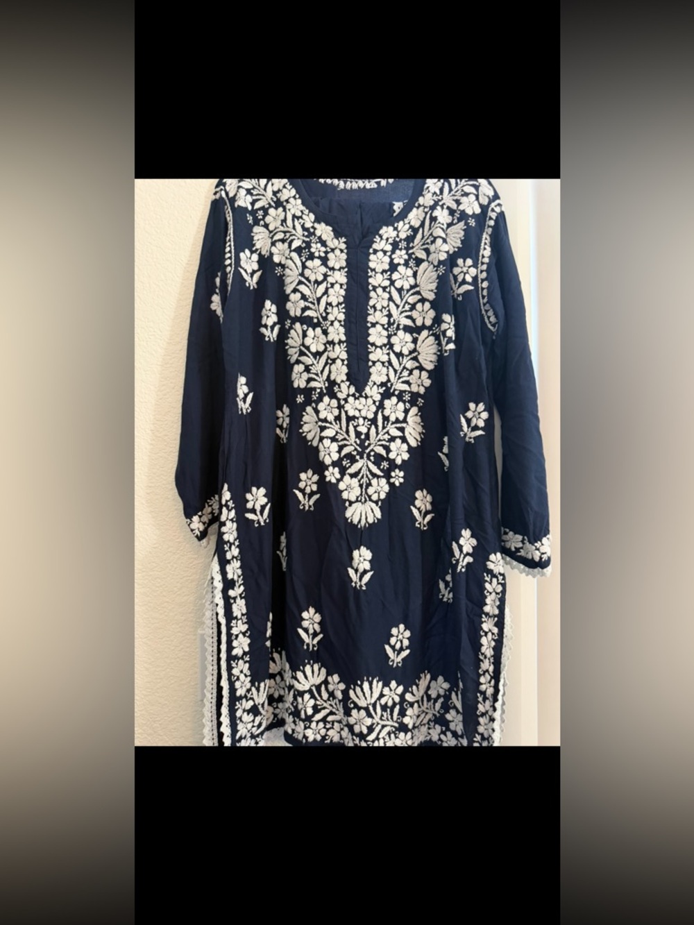 Navy Blue Embroidered Tunic with White Floral Detail pant 2 pc set